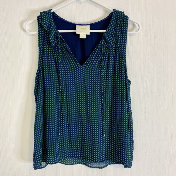 Maeve (M) Anderson Sleeveless Top Anthropologie Green Blue Checker Tie Ruffle - Picture 6 of 13